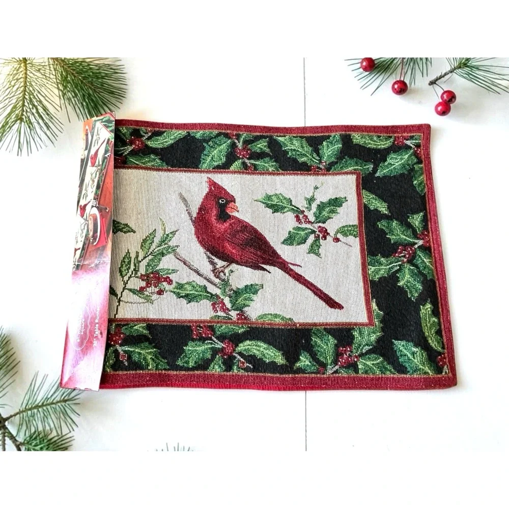 Vtg St Nicholas Square Cardinal Tapestry Christmas TABLE RUNNER & 1 Dish Towel
